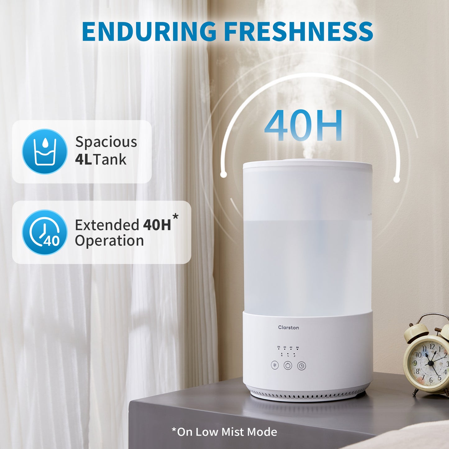 Clarston 4L Cool Mist Humidifiers for Home, Auto Shut-off, 40H Runtime