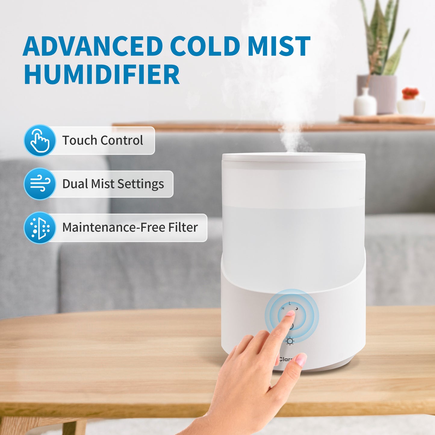 Clarston 2.5 L Cool Mist Humidifiers for Home, Auto Shut-off, 25H Runtime