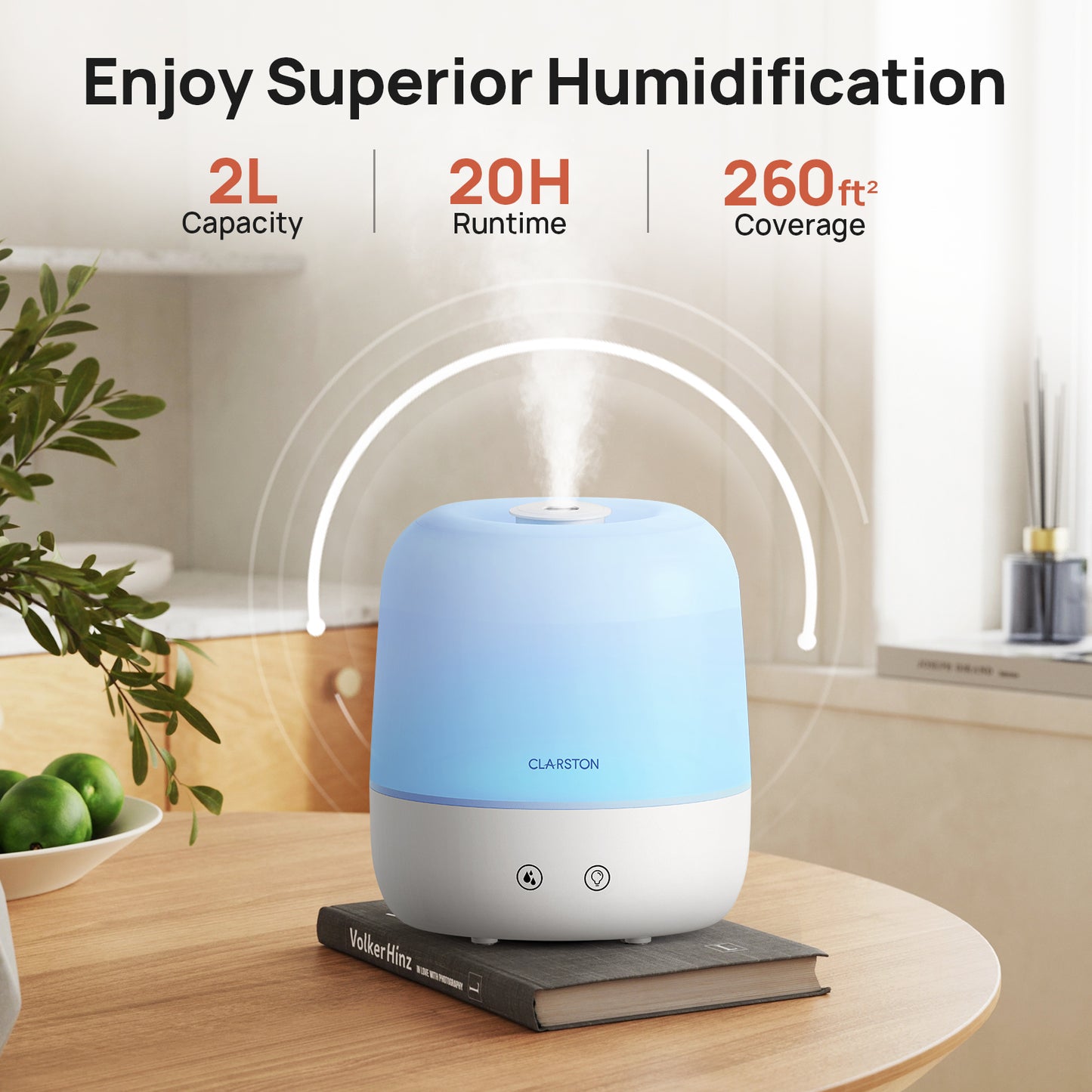 Clarston 2L Cool Mist Humidifier for Bedroom with 360° Adjustable Nozzle
