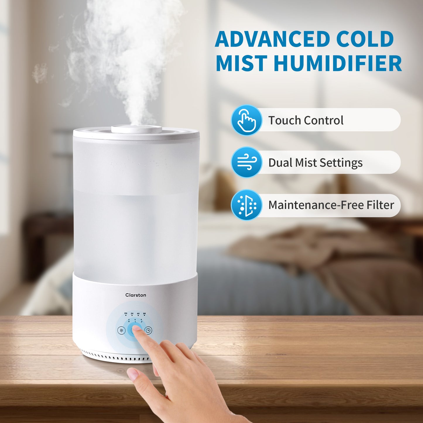 Clarston 4L Cool Mist Humidifiers for Home, Auto Shut-off, 40H Runtime