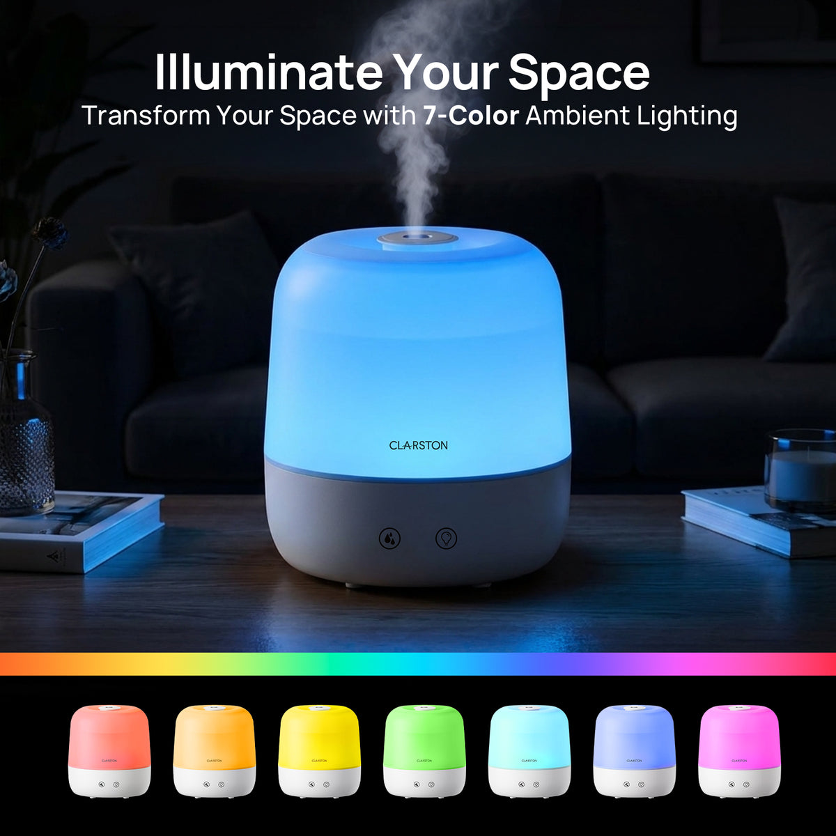 Clarston 2L Top Fill Humidifiers for Bedroom, 7-Color Night Light
