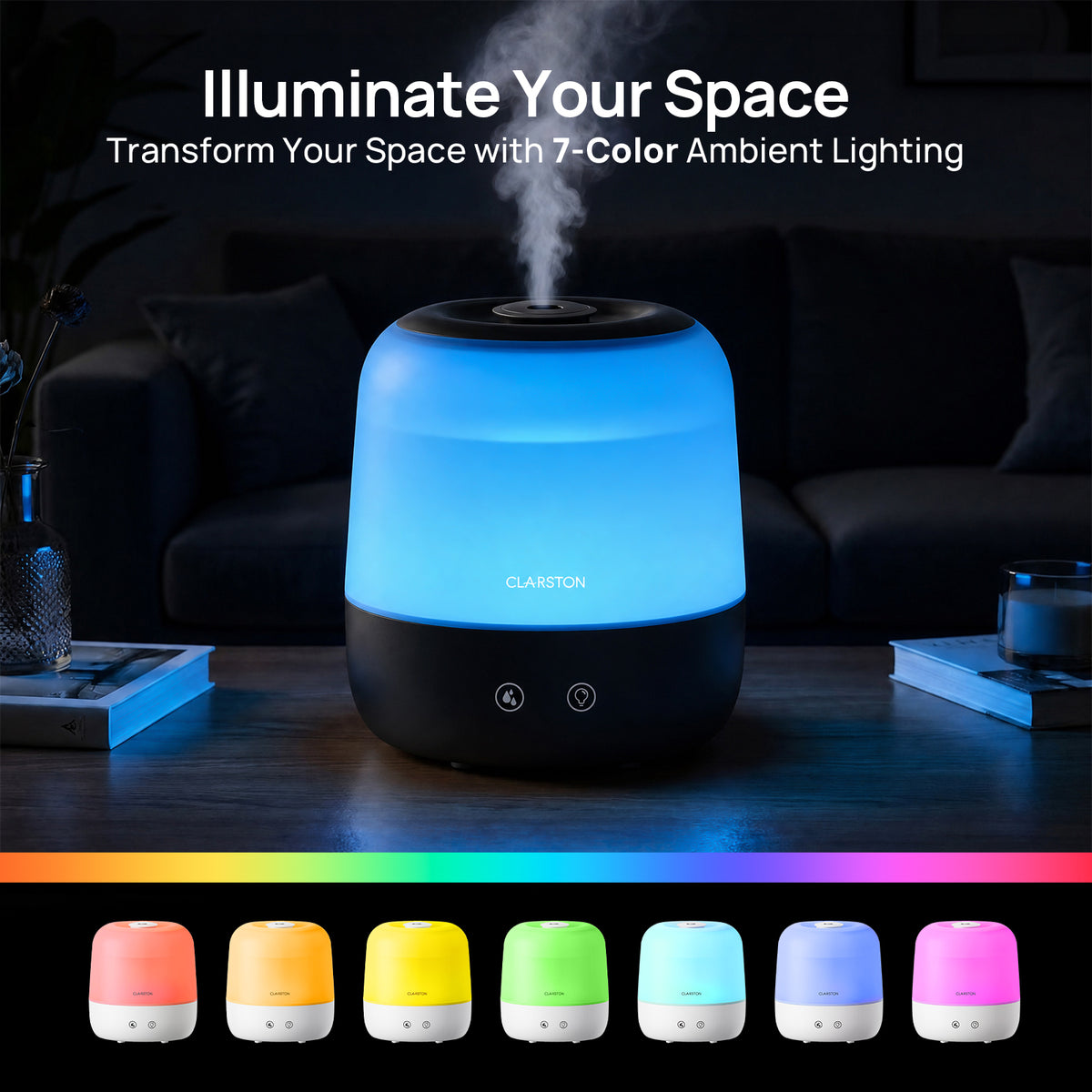 Clarston 2L Top Fill Humidifiers for Bedroom, 7-Color Light, Black