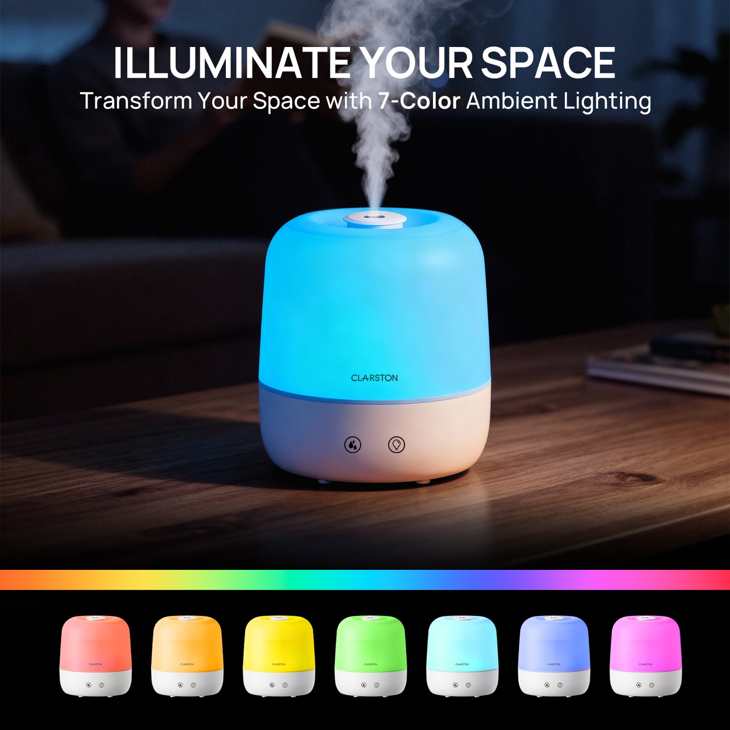 Clarston 2L Top Fill Humidifiers for Bedroom, 7-Color Night Light