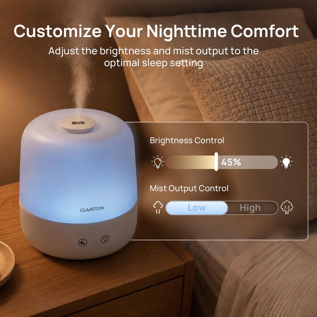 Clarston 2L Top Fill Humidifiers for Bedroom, Brightness Control