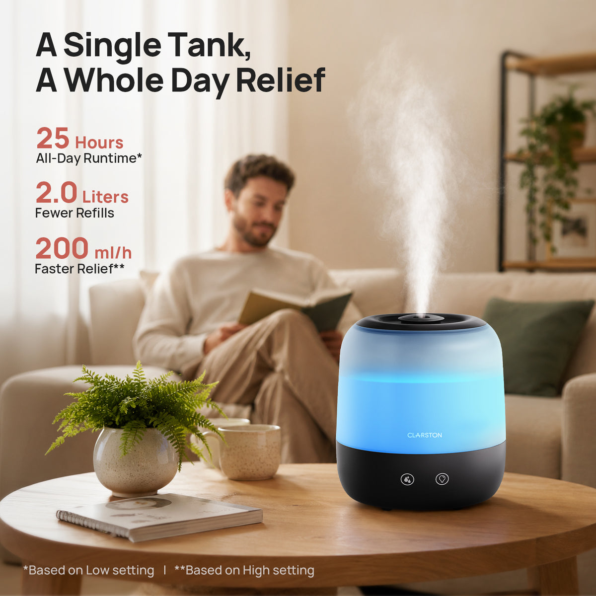 Clarston 2L Top Fill Humidifiers for Bedroom, 7-Color Light, Black