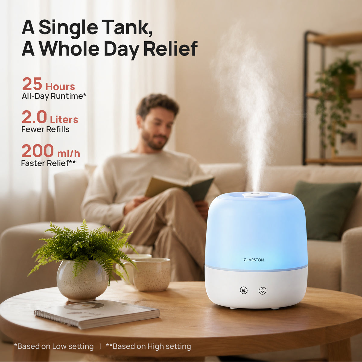 Clarston 2L Top Fill Humidifiers for Bedroom, Brightness Control