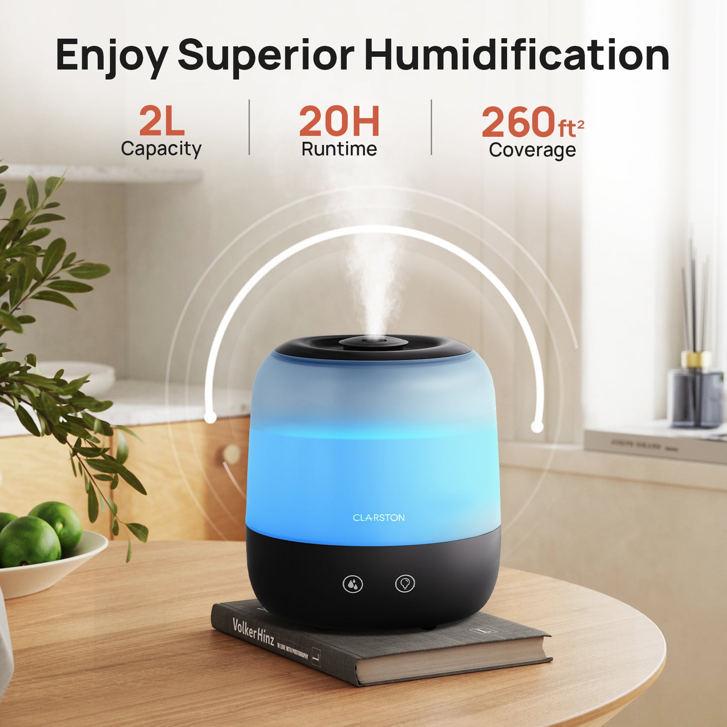 Clarston 2L Top Fill Humidifiers for Bedroom, 7-Color Light, Black