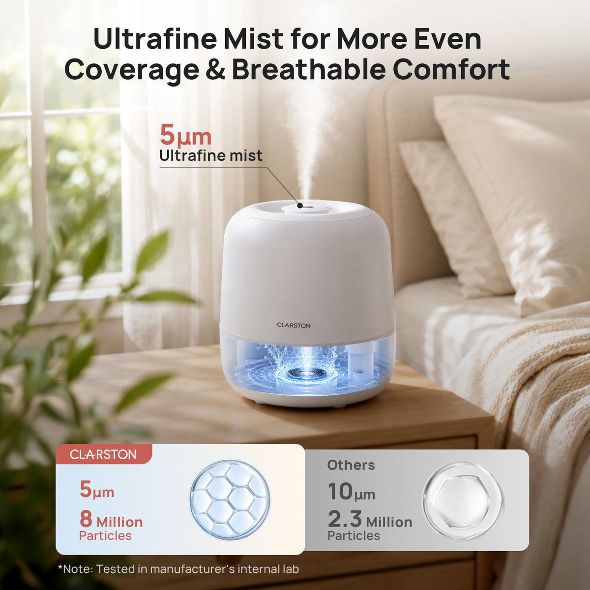 Clarston 2L Top Fill Humidifiers for Bedroom, Brightness Control