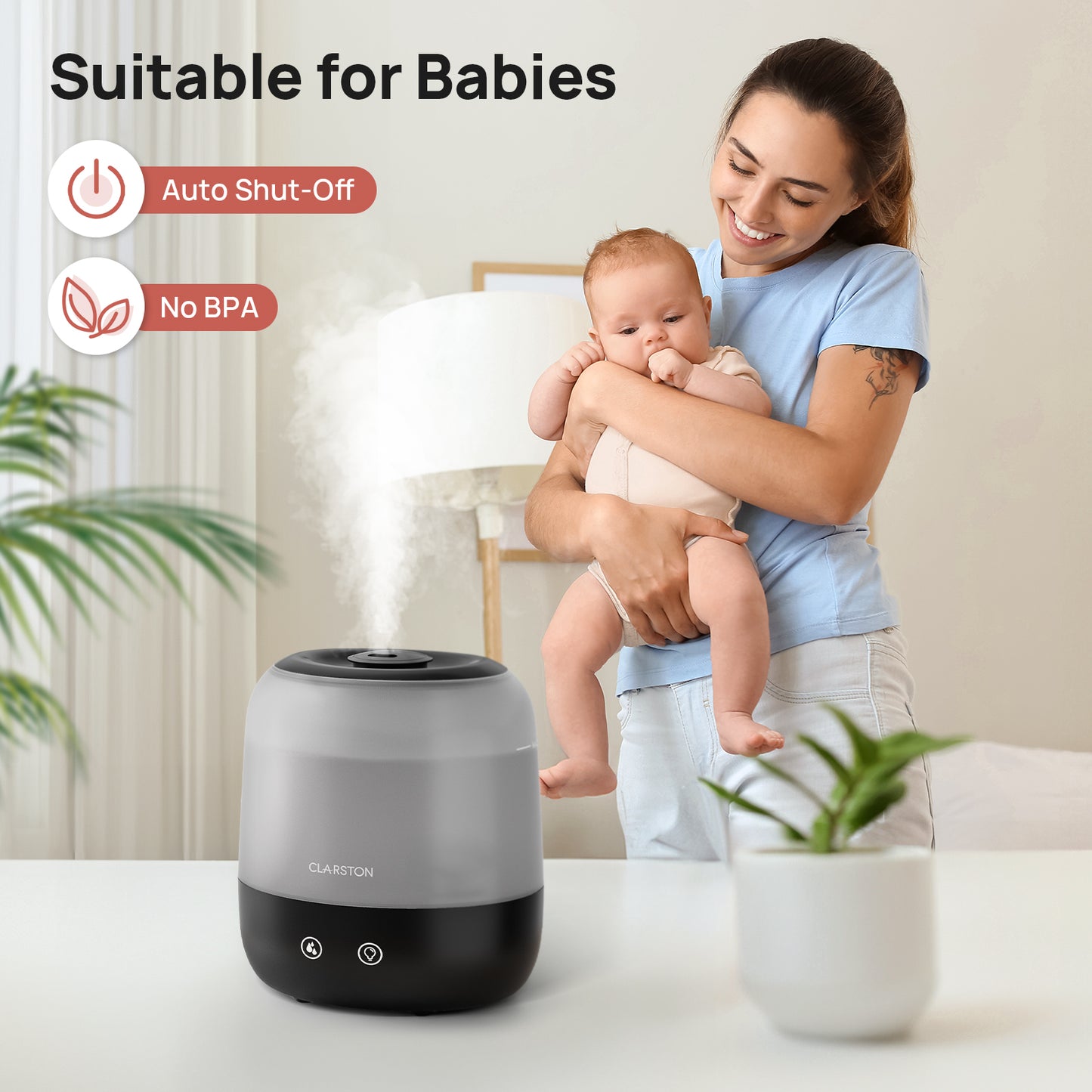 Clarston 2L Top Fill Humidifiers for Bedroom, 7-Color Light, Black
