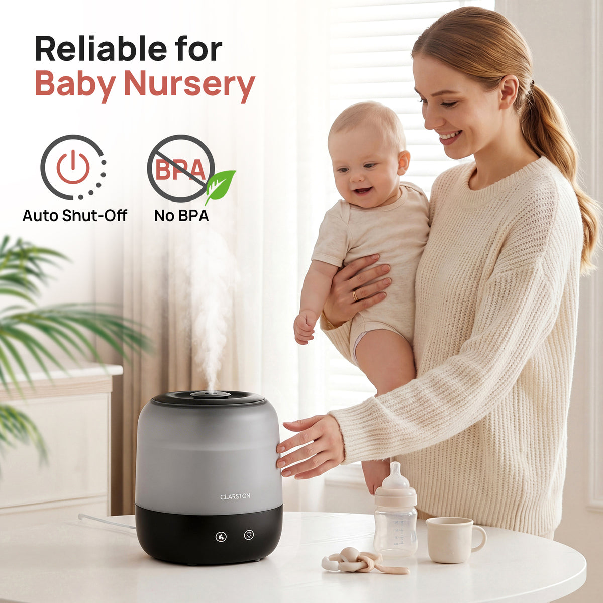 Clarston 2L Top Fill Humidifiers for Bedroom, 7-Color Light, Black