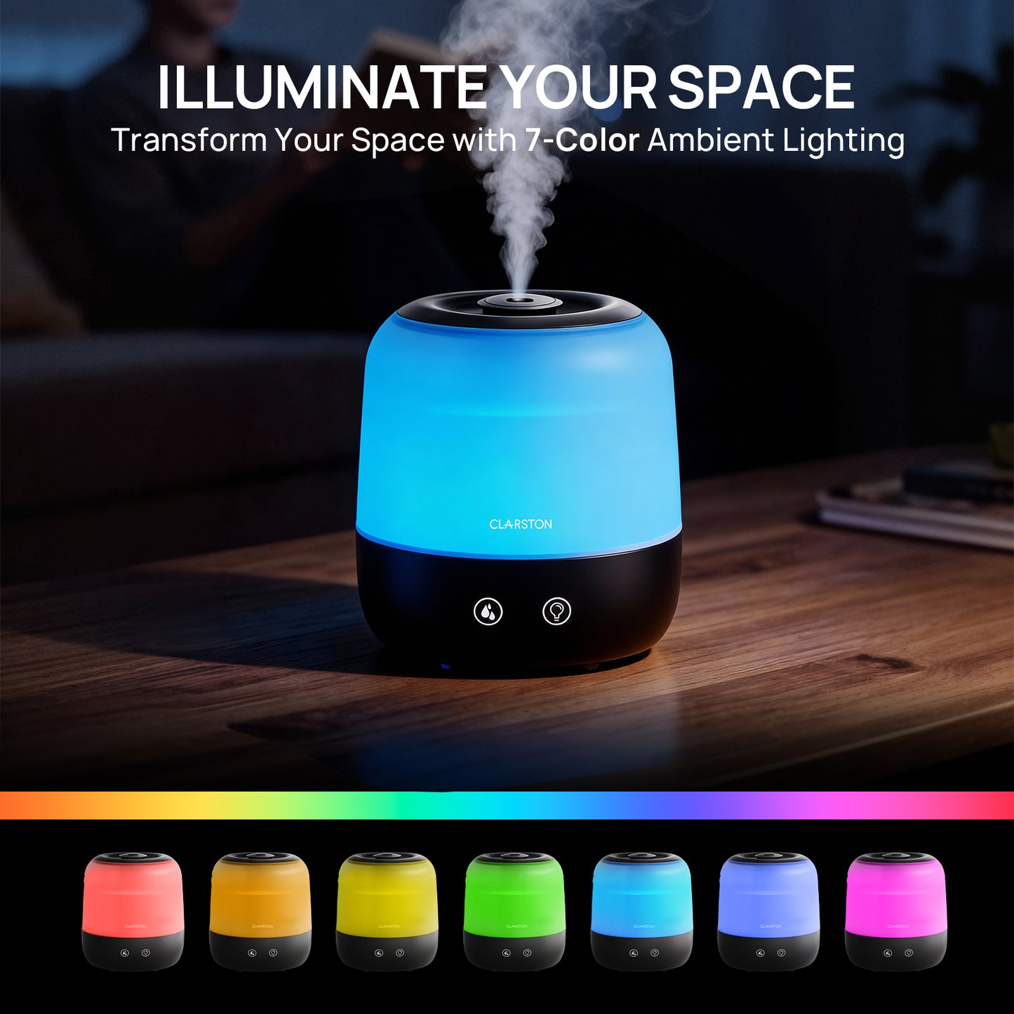 Clarston 2L Top Fill Humidifiers for Bedroom, 7-Color Light, Black