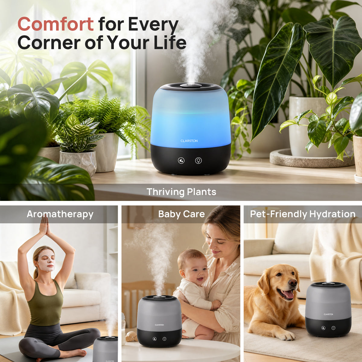Clarston 2L Top Fill Humidifiers for Bedroom, 7-Color Light, Black