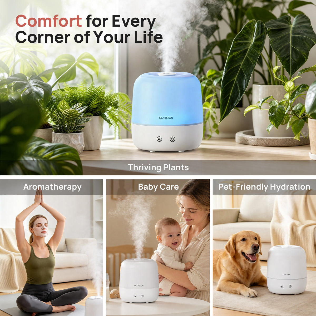 Clarston 2L Top Fill Humidifiers for Bedroom, Brightness Control